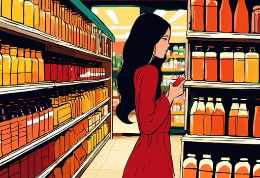 The beautiful woman is looking at the shelves to buy something from the supermarket. ai generative.