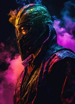 Beautiful young man with colorfull hair in colorful smoke. ai generative.