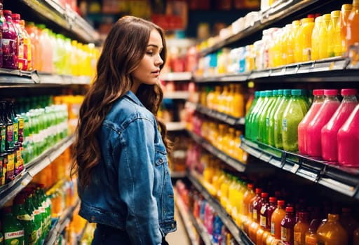 The beautiful woman is looking at the shelves to buy something from the supermarket. ai generative.