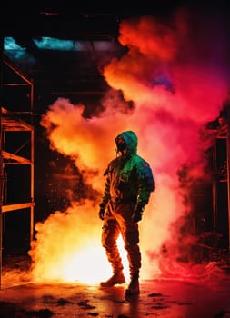 Beautiful young man with colorfull hair in colorful smoke. ai generative.