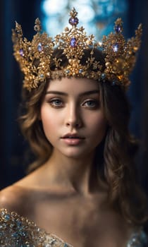 Portrait of beautiful young woman in crown. Luxury makeup and hairstyle. ai generative.