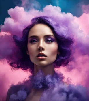 Portrait of a beautiful young woman with pink hair and smoke clouds. ai generative.