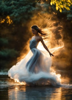 Beautiful young woman in a long dress dancing. ai generative.