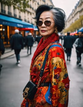 60 year old Asian female model in Paris Fashion Week. ai generative.