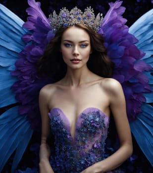 Beautiful young woman in a purple dress with make up and flowers. Beauty, fashion. ai generative.