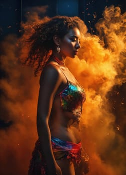 Beautiful young woman with colorfull hair in colorful smoke. ai generative.