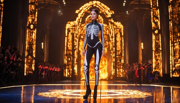 Beautiful young woman in skeleton costume posing. ai generative.