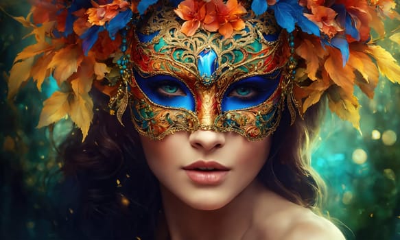 Beautiful young woman in a Venetian mask at the masquerade. ai generative.