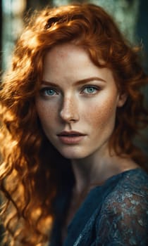 Portrait of a beautiful redhead girl with freckles on her face. ai generative.