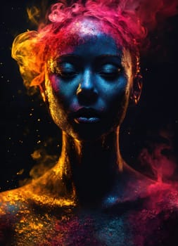 Beautiful young woman with colorfull hair in colorful smoke. ai generative.