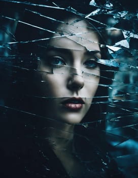 Close up shot of a beautiful woman's eye through broken glass. ai generative.