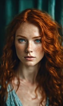 Portrait of a beautiful redhead girl with freckles on her face. ai generative.