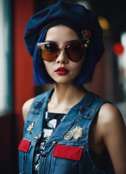 Fashion portrait of young beautiful asian woman with short hairstyle and sunglasses in a stylish dress. ai generative.