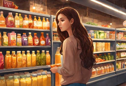 The beautiful woman is looking at the shelves to buy something from the supermarket. ai generative.