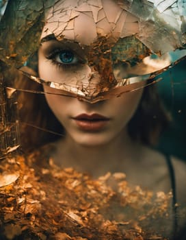Close up shot of a beautiful woman's eye through broken glass. ai generative.