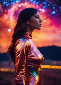 Portrait of beautiful brunette woman in shiny evening dress against night sky. ai generative.