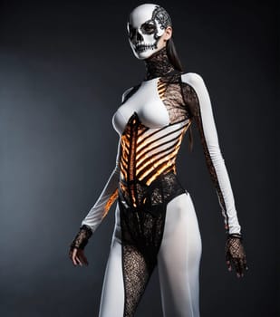 Beautiful young woman in skeleton costume posing. ai generative.