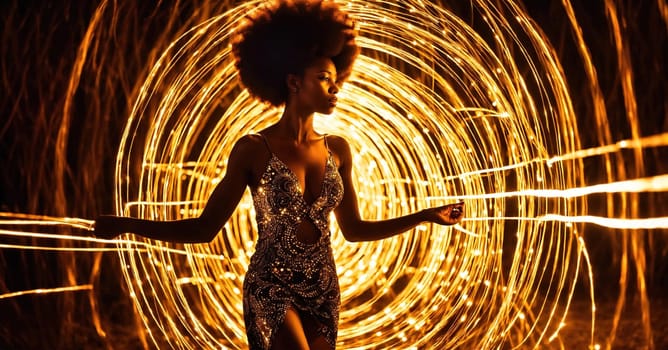 Beautiful african american woman with afro hairstyle and outlined in light. ai generative.