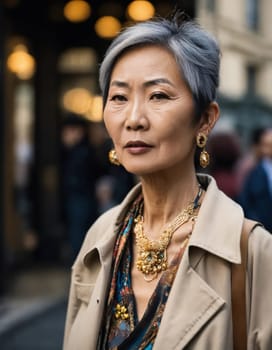 60 year old Asian female model in Paris Fashion Week. ai generative.