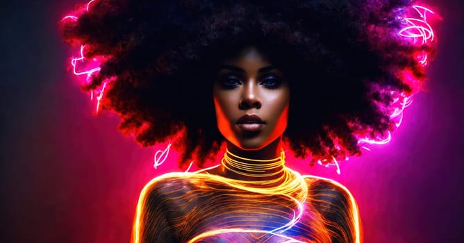 Beautiful african american woman with afro hairstyle and outlined in light. ai generative.