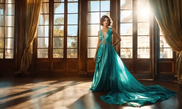 Beautiful girl in a blue evening turquoise dress posing. ai generative.