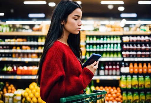 The beautiful woman is looking at the shelves to buy something from the supermarket. ai generative.