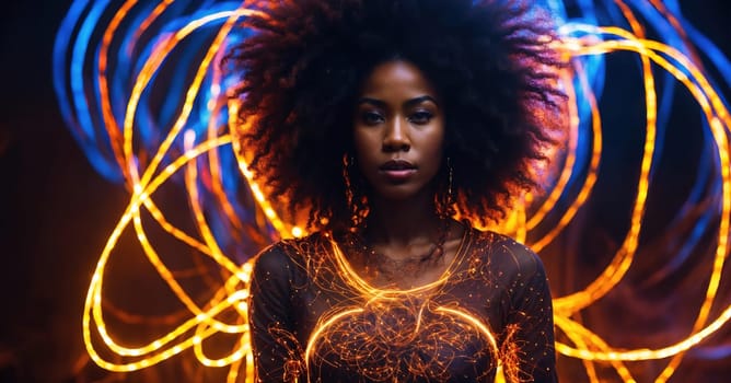 Beautiful african american woman with afro hairstyle and outlined in light. ai generative.