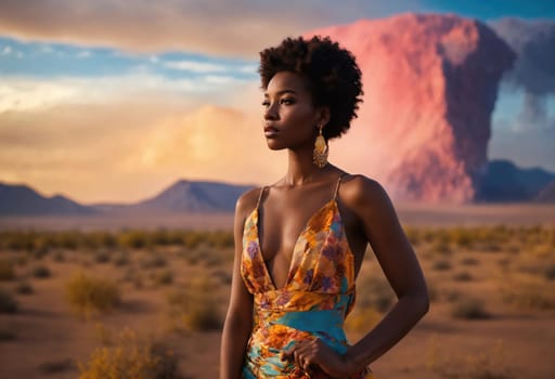 fashion photo of beautiful woman in a long luxurious dress posing. ai generative.
