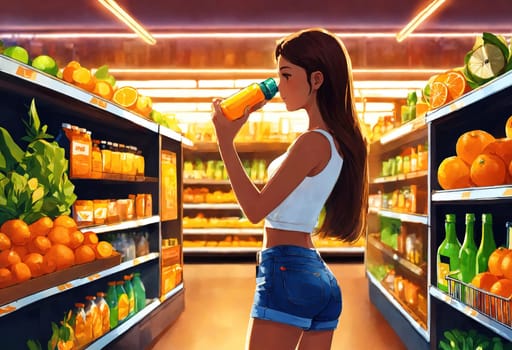 The beautiful woman is looking at the shelves to buy something from the supermarket. ai generative.