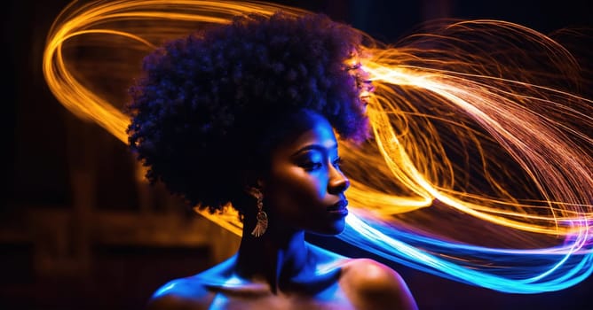 Beautiful african american woman with afro hairstyle and outlined in light. ai generative.