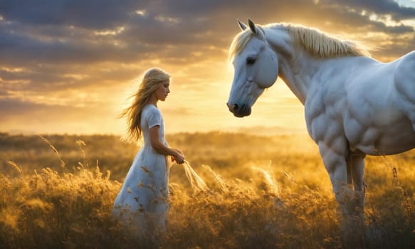 girl with white horse in the meadow at sunset. ai generative.