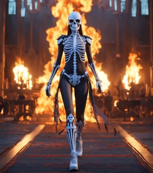 Beautiful young woman in skeleton costume posing. ai generative.