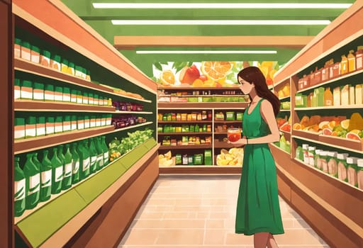 The beautiful woman is looking at the shelves to buy something from the supermarket. ai generative.