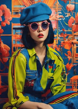 Fashion portrait of young beautiful asian woman with short hairstyle and sunglasses in a stylish dress. ai generative.
