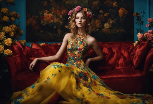 fashion photo of beautiful woman in a long luxurious dress posing. ai generative.