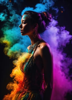 Beautiful young woman with colorfull hair in colorful smoke. ai generative.
