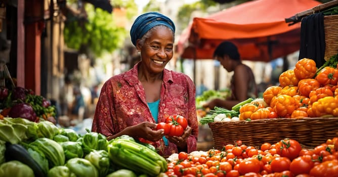 Young african woman at the local market buying fruits and vegetables. ai generative.