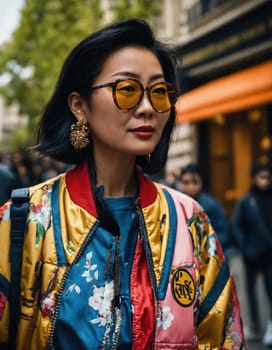 60 year old Asian female model in Paris Fashion Week. ai generative.