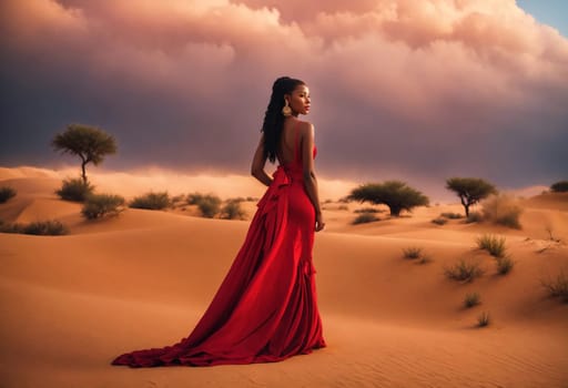 fashion photo of beautiful woman in a long luxurious dress posing. ai generative.