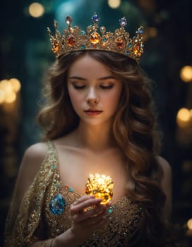 Portrait of beautiful young woman in crown. Luxury makeup and hairstyle. ai generative.