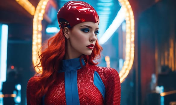 Futuristic woman with red hair in futuristic costume. ai generative.