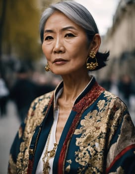 60 year old Asian female model in Paris Fashion Week. ai generative.