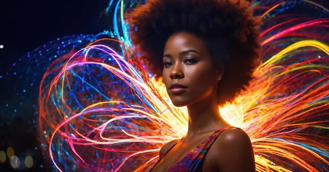 Beautiful african american woman with afro hairstyle and outlined in light. ai generative.