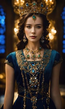 Portrait of beautiful young woman in crown. Luxury makeup and hairstyle. ai generative.