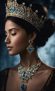 Portrait of beautiful young woman in crown. Luxury makeup and hairstyle. ai generative.