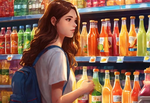 The beautiful woman is looking at the shelves to buy something from the supermarket. ai generative.