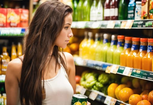 The beautiful woman is looking at the shelves to buy something from the supermarket. ai generative.