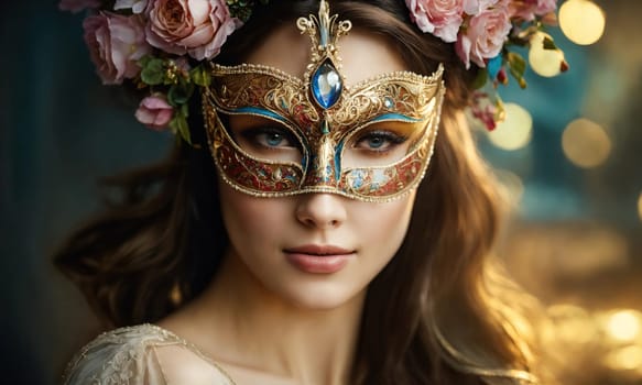 Beautiful young woman in a Venetian mask at the masquerade. ai generative.