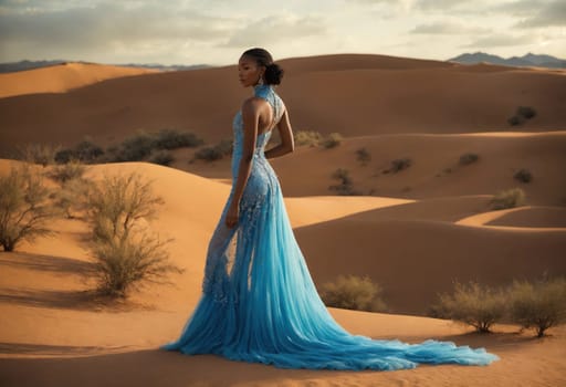 fashion photo of beautiful woman in a long luxurious dress posing. ai generative.