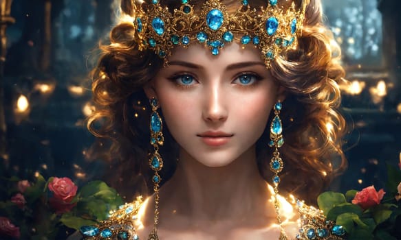 Portrait of beautiful young woman in crown. Luxury makeup and hairstyle. ai generative.